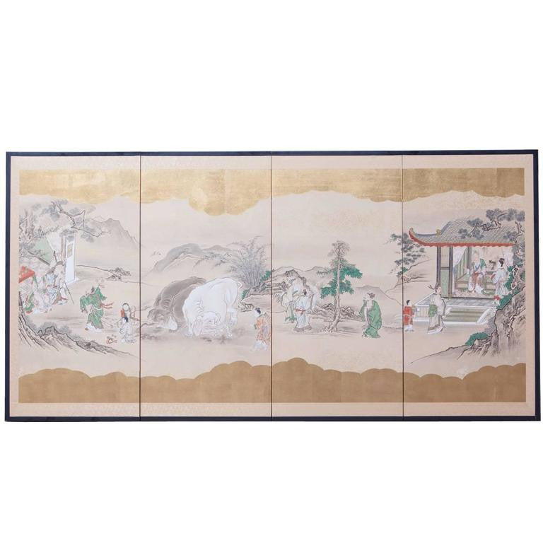 19th Century Japanese Four Panel Kano School Painting Edo Screen