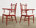 Pair of Mid-Century Chinese Chippendale Coral Red Faux Bamboo Armchairs