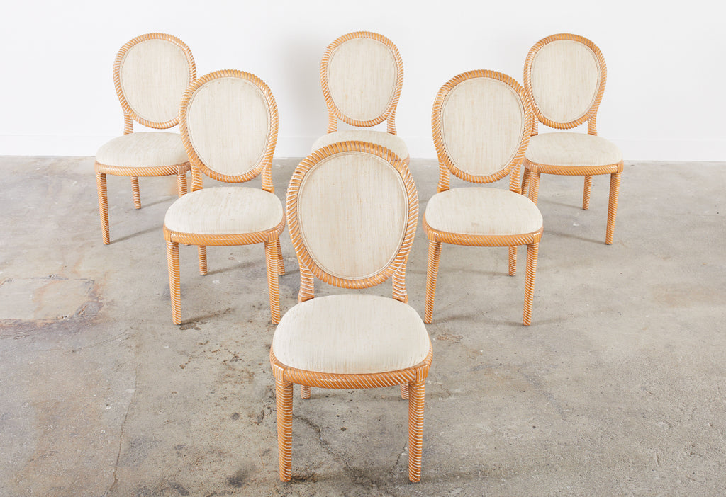 Lot - SET OF SIX LOUIS XVI STYLE CARVED WALNUT UPHOLSTERED DINING CHAIRS;