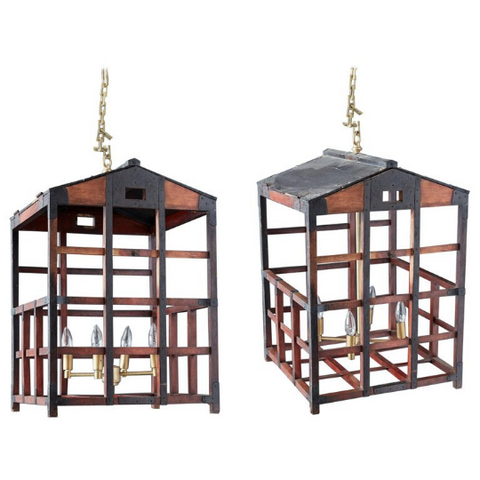 Japanese Tansu Style Wooden Crate Cage Chandeliers
