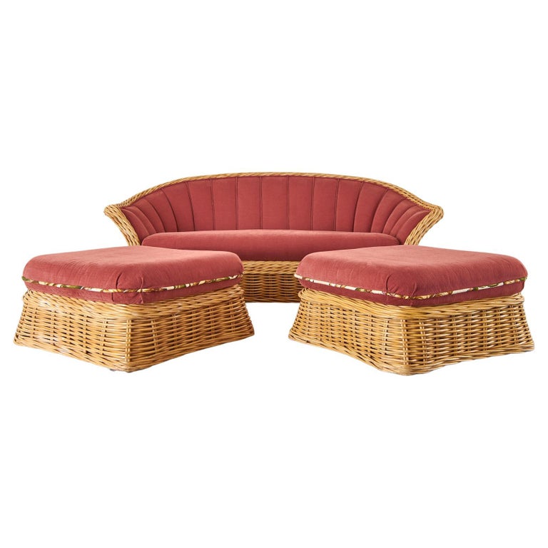 Michael Taylor Style Woven Rattan Sofa and Matching Ottomans