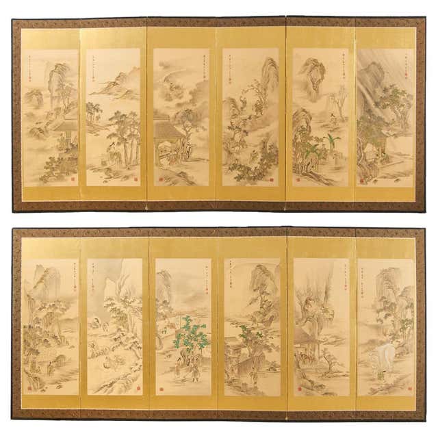 Pair of Japanese Taisho Period Screens Paragons of Filial Piety