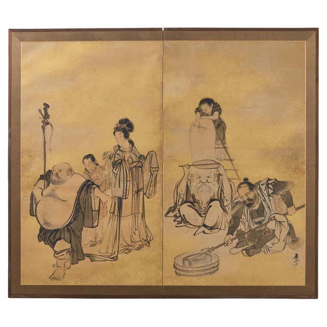 Japanese Edo Two Panel Screen Deities by Yokoyama Kazan