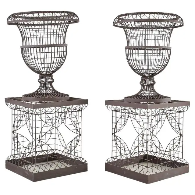 Pair of French Iron Garden Planter Jardinaire Urns on Stands