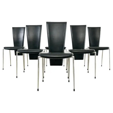 Set of Six Italian Arper Modern Leather Chrome Dining Chairs