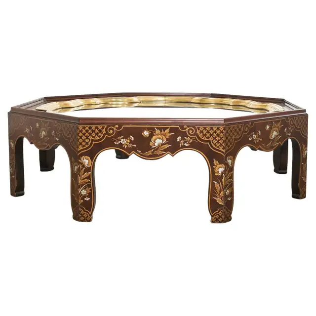 Baker Chinoiserie Octagonal Lacquered Brass Tray Cocktail Table
