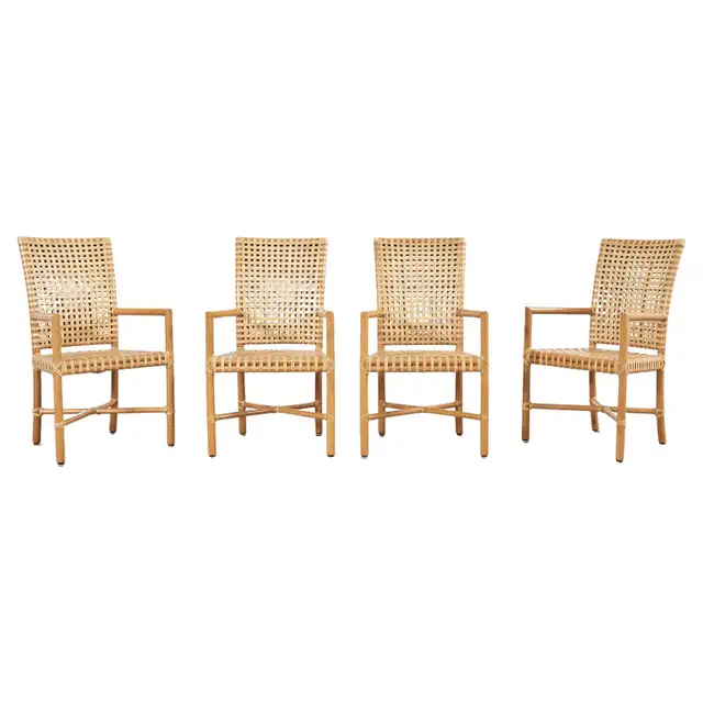 Set of Four McGuire Woven Rawhide Rattan Dining Armchairs