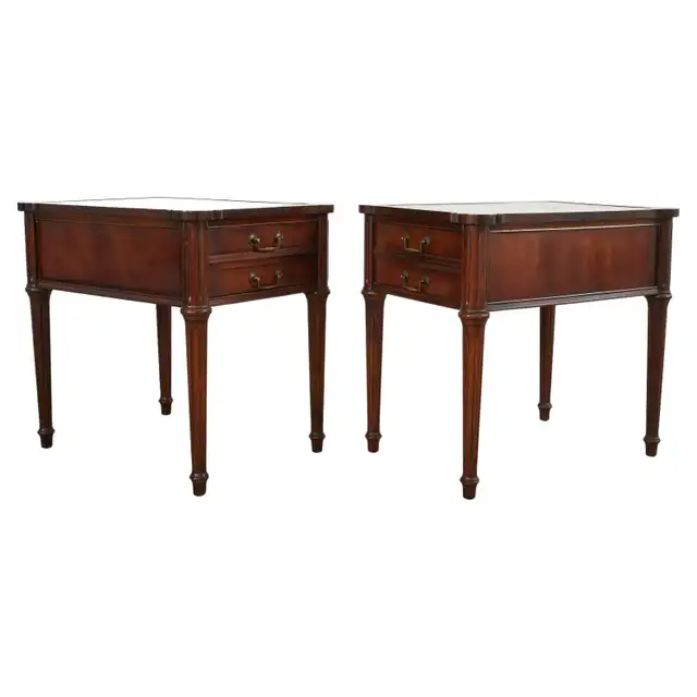Pair of Louis XVI Style Mahogany Nightstands with Leather Tops