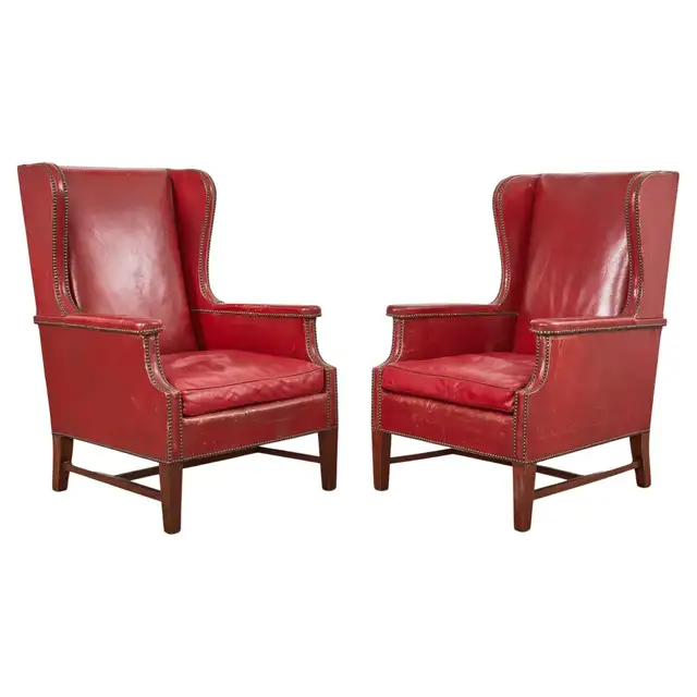 Pair of French Art Deco Cherry Leather Wingback Chairs