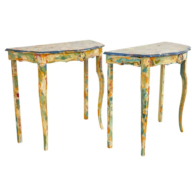 Pair of Demilunes or Center Table Painted by Ira Yeager