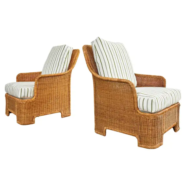 Pair of Midcentury Organic Modern Wicker Lounge Chairs