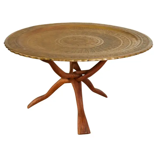 Moorish Brass Tray Table with Folding Hardwood Base