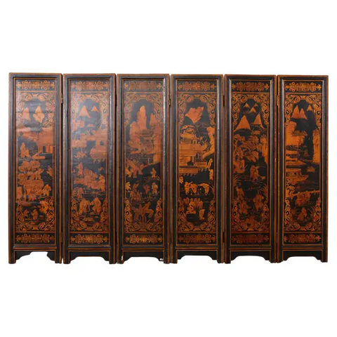Chinese Export Six Panel Gilt Lacquered Folding Screen
