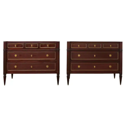 Pair of Louis XVI Style Marble Top Mahogany Commode Dressers