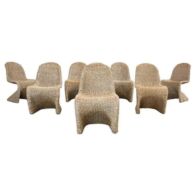 Set of Eight Woven Wicker Panton Style Cantilever Dining Chairs