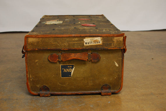 Vtg Leather Steamer Trunk Shabby Chic Antique OSILITE Old Suitcase