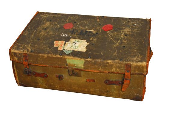 Steamer Antique Trunk with Travel Stickers, Drawers, Signed Rogers