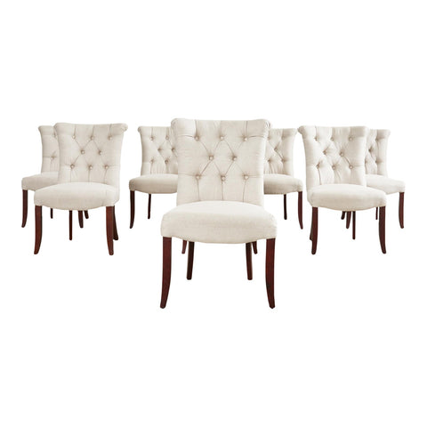 Set of Eight Tufted Dining Chairs With Scrolled Backs